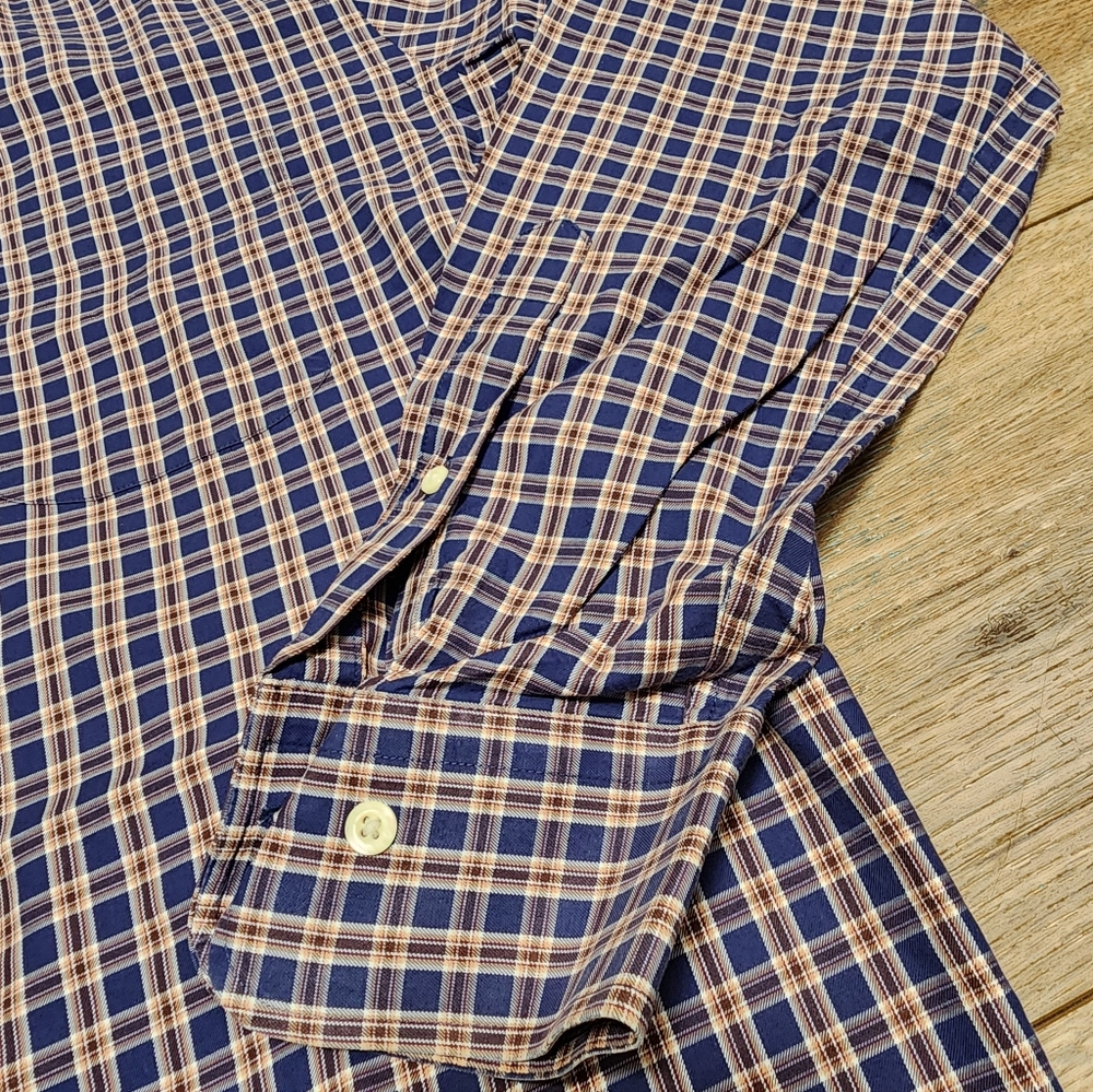 Peter Millar Button Down Shirt Men’s Large Long Sleeve Brown Navy Blue - Picture 4 of 6